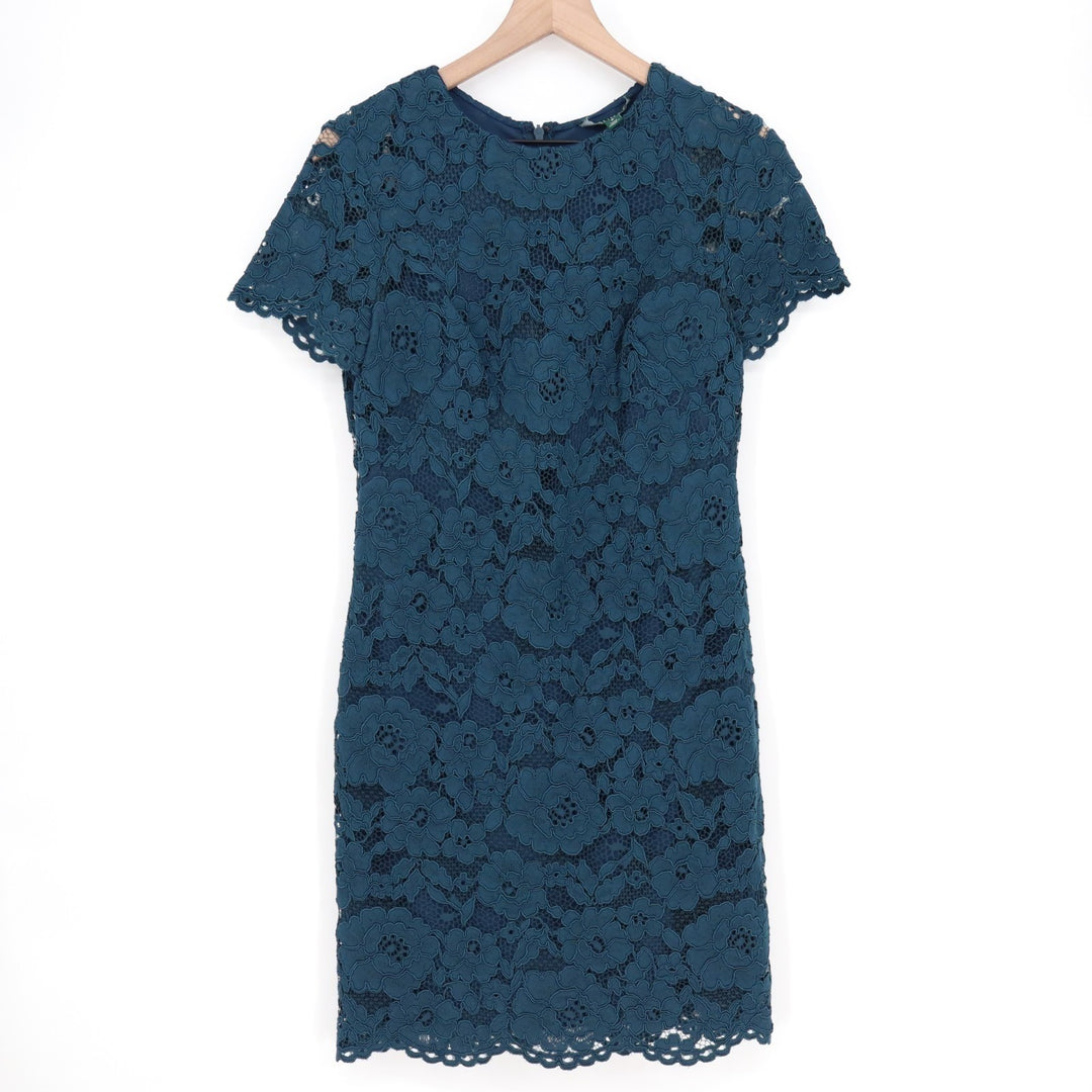 Lauren Ralph Lauren Sheath Dress Womens 8 Blue Floral Lace Detail Short Sleeve