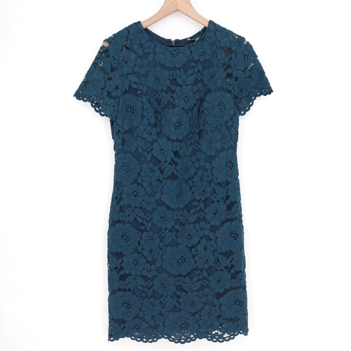 Lauren Ralph Lauren Sheath Dress Womens 8 Blue Floral Lace Detail Short Sleeve