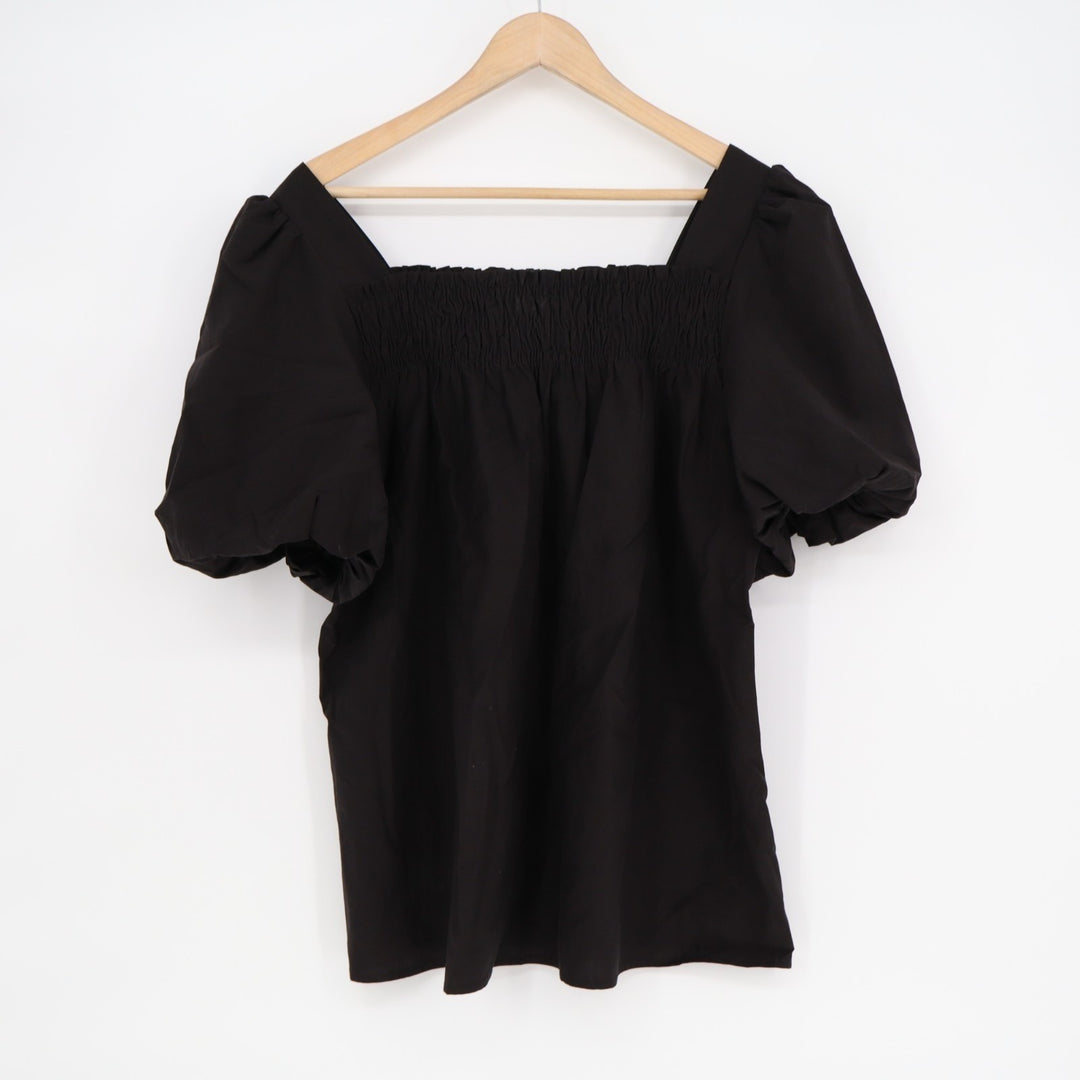 Fashion Blouse Top Womens XL Black Pleated Smocked Square Neck Balloon Sleeve