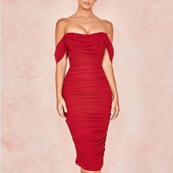 House of CB Carlotta Ruched Draped Chiffon Dress Womens XS Red Off The Shoulder