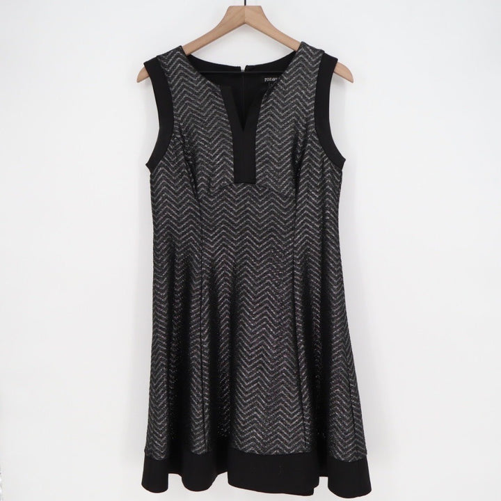 Roz & Ali Petite Black Chevron Sparkle V Neck Sleeveless Sheath Dress 8P