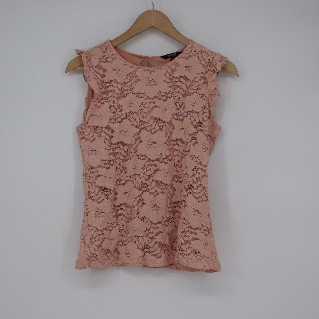 STOP Blush Pink Floral Lace Ruffle Sleeveless Blouse Top L