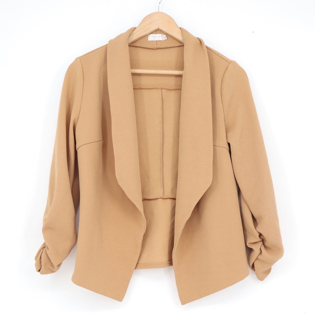 POGTMM Womens Camel Tan Open Front Blazer 3/4 Ruched Sleeve Shawl Collar Size S