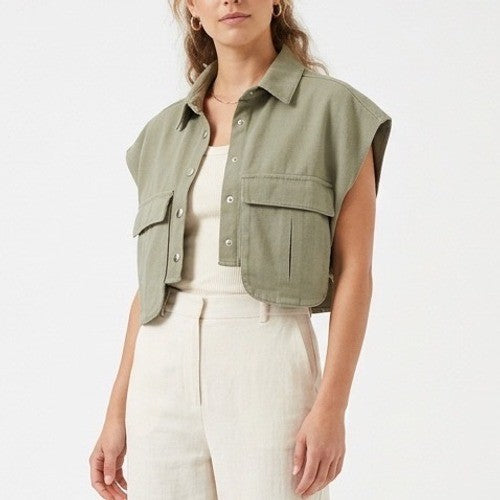Cropped Vest Womens M Olive Green Denim Spread Collar Button Front Patch Pockets