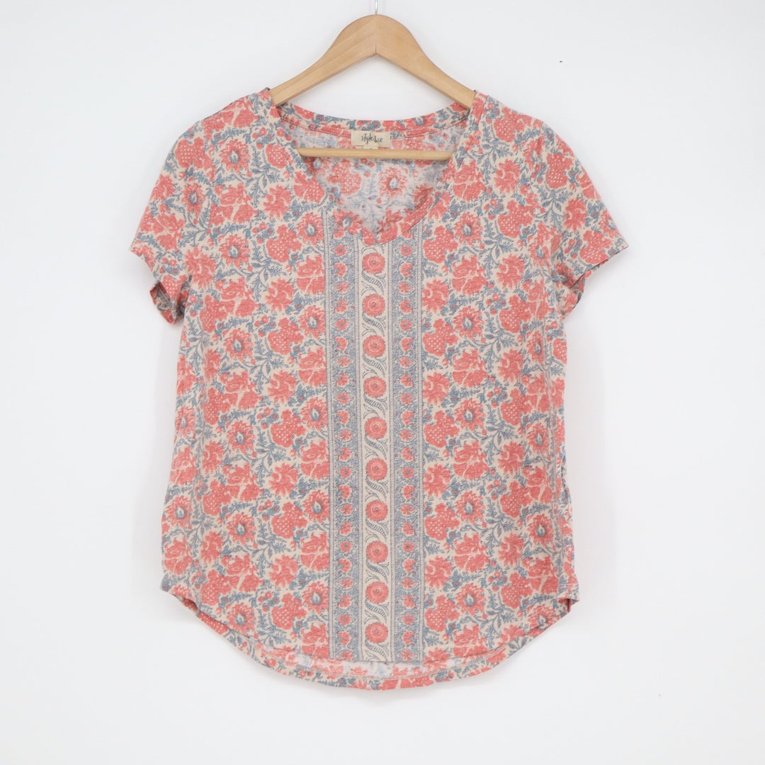 Style & Co Womens Red Blue Floral V-Neck Short Sleeve Boho Knit Top Size M