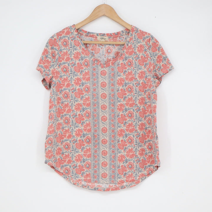 Style & Co Womens Red Blue Floral V-Neck Short Sleeve Boho Knit Top Size M