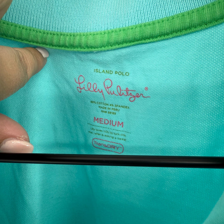Lilly Pulitzer Island Polo Shirt Womens Medium Aqua Blue Cotton Trans Dry Golf
