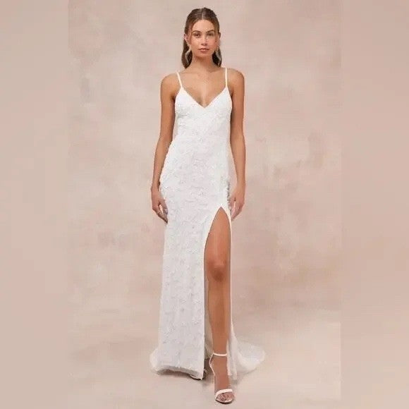 Lulus Everlasting Vows White Beaded Sequin Mermaid Maxi Dress Size XL