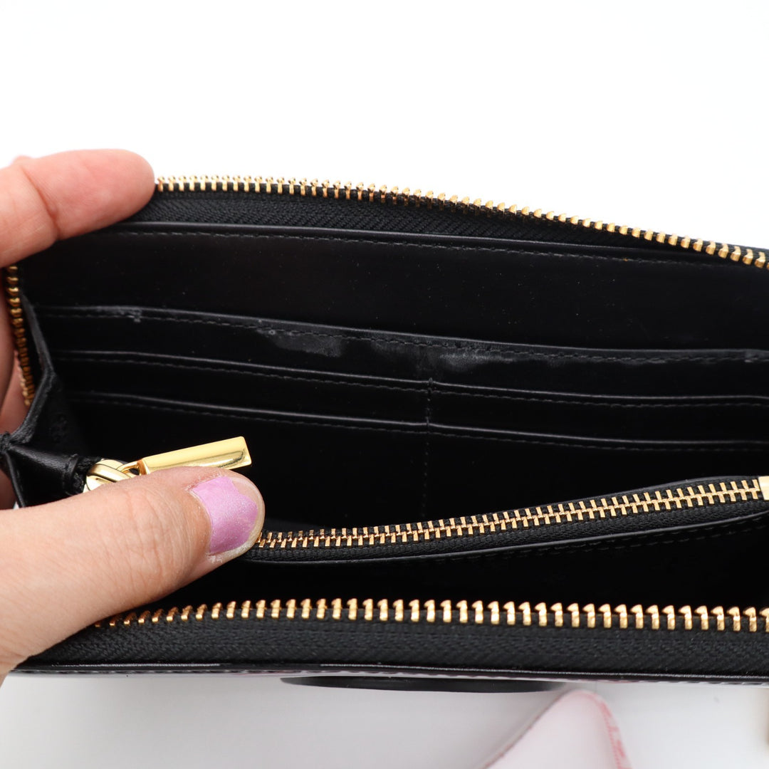 Tory Burch Womens Black Patent Leather Card Slots Zip Around Continental Wallet