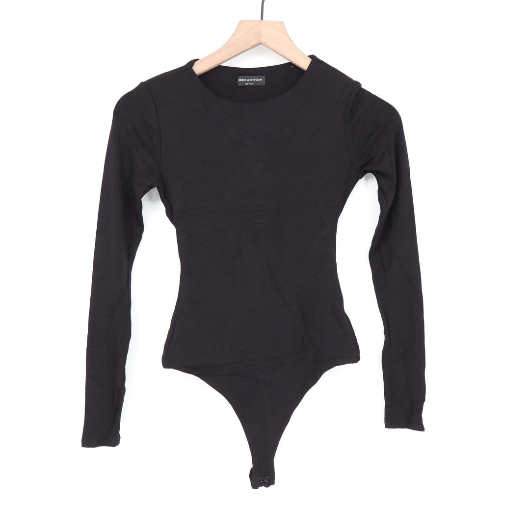 Naked Wardrobe Womens Black Open Back Long Sleeve Bodysuit Size M