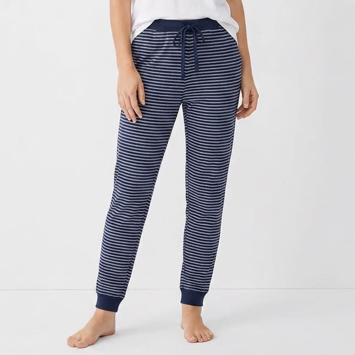 Navy Blue White Striped Cotton Knit Pajama Joggers Drawstring Pants Small