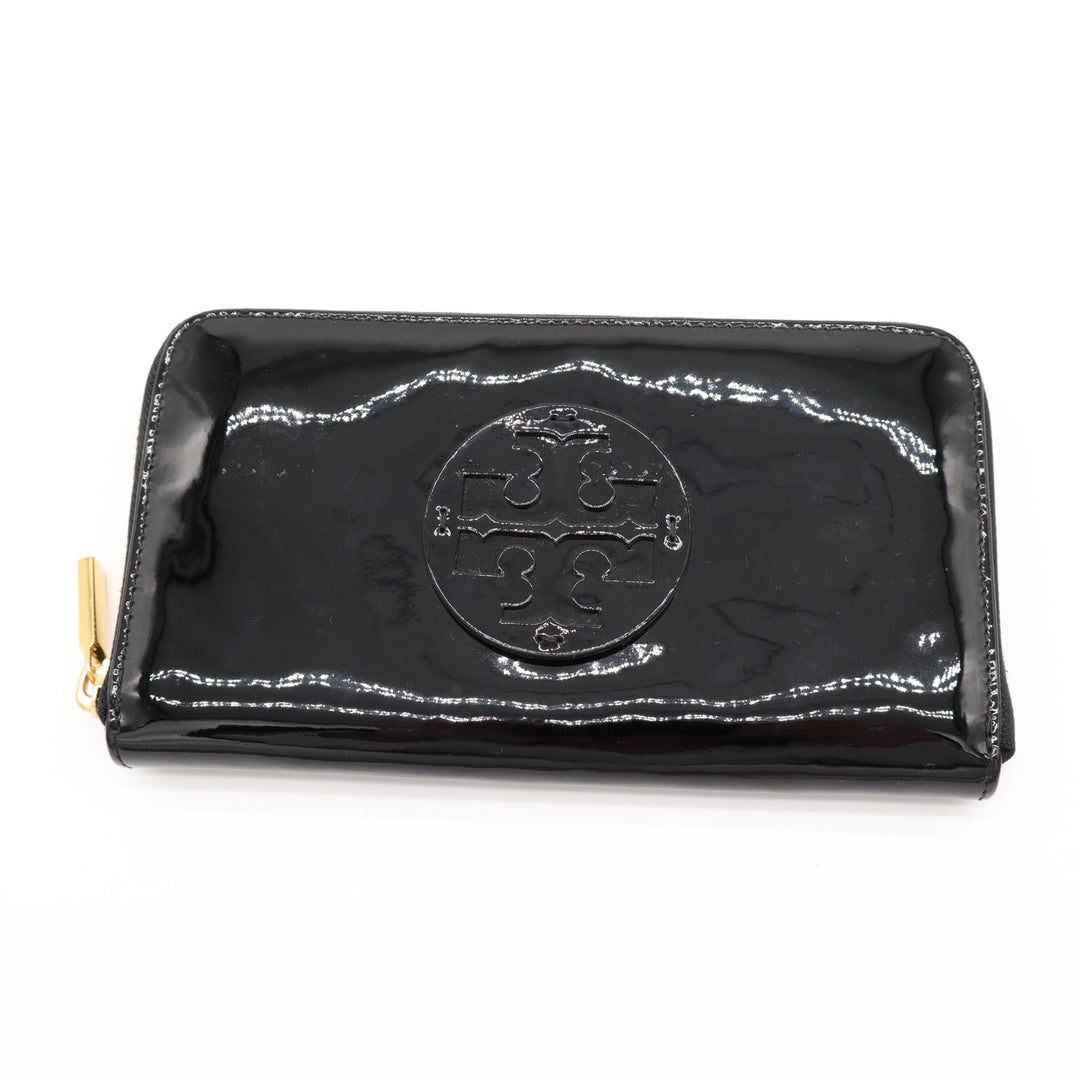 Tory Burch Womens Black Patent Leather Card Slots Zip Around Continental Wallet