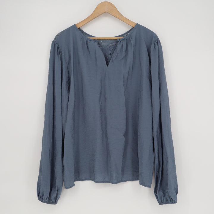 LOFT Dusty Blue Embroidered Lace Back Split Neck Blouse XL JKB393