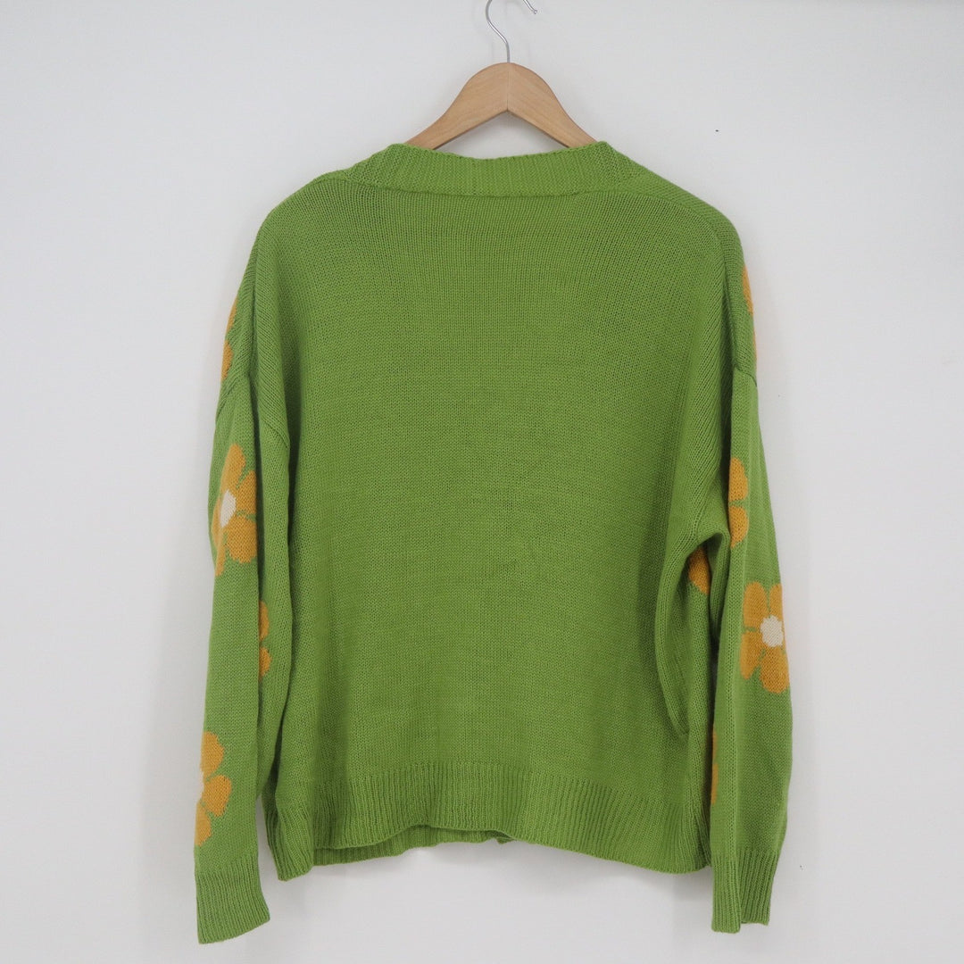 SHEIN Curve Green Daisy Floral Knit Cardigan Sweater Womens 1XL V-Neck Button Up