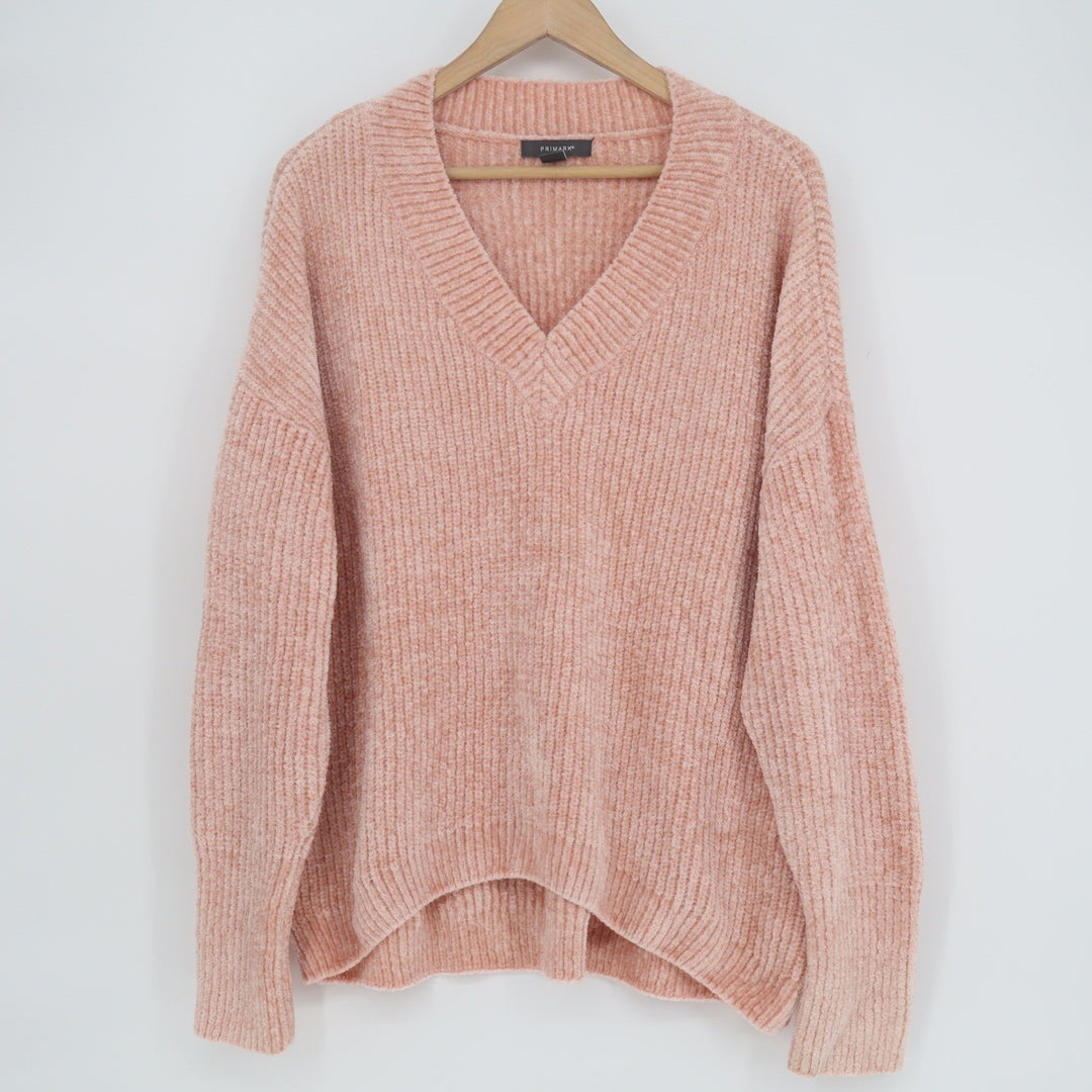 Primark Womens Peach Pink Ribbed Chenille V-Neck Oversized Sweater Size M L