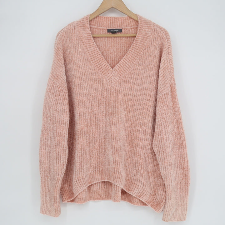 Primark Womens Peach Pink Ribbed Chenille V-Neck Oversized Sweater Size M L