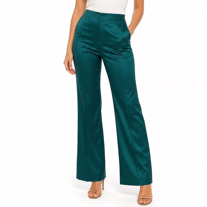 Mustard Seed High Rise Satin Pant Teal Green Straight Leg Side Slit L NEW