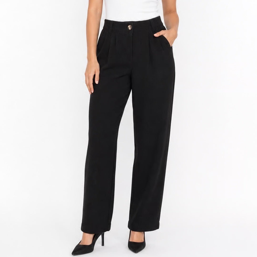 Halara Black Corduroy Pleated Straight Leg Pants Petite Medium High Rise