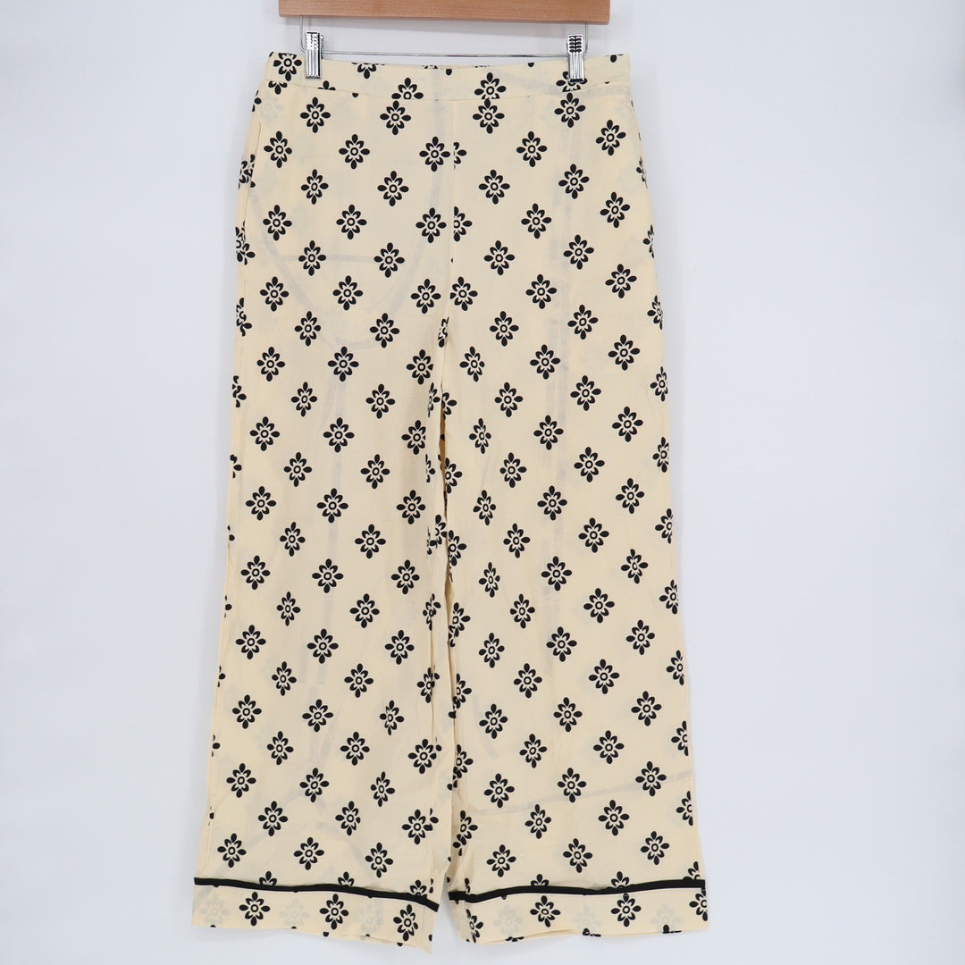 Fashion Cream Black Floral Wide Leg Pants Large Cotton Blend Boho Retro