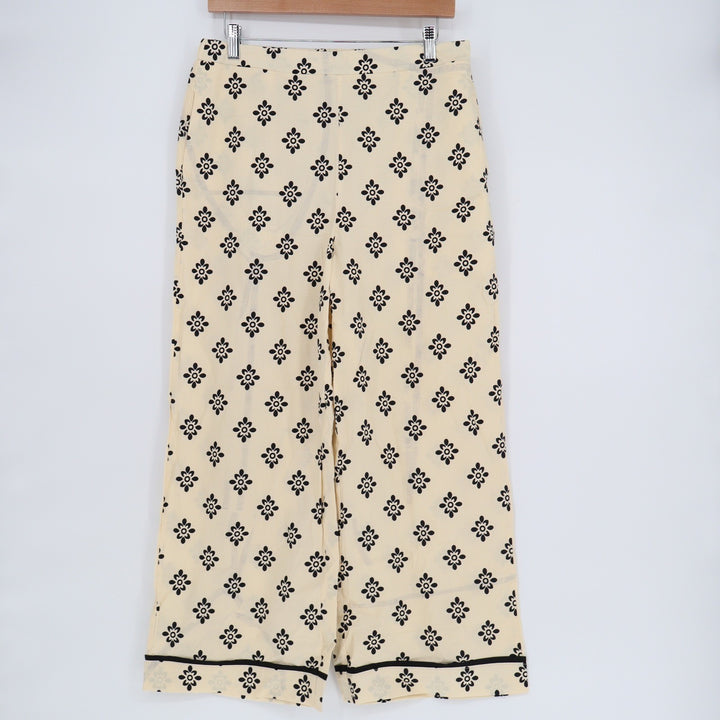 Fashion Cream Black Floral Wide Leg Pants Large Cotton Blend Boho Retro