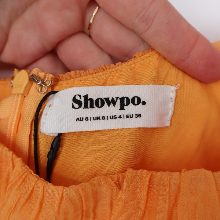 Showpo Roshine Orange Puff Sleeve Straight Neck Midi Dress Size 4
