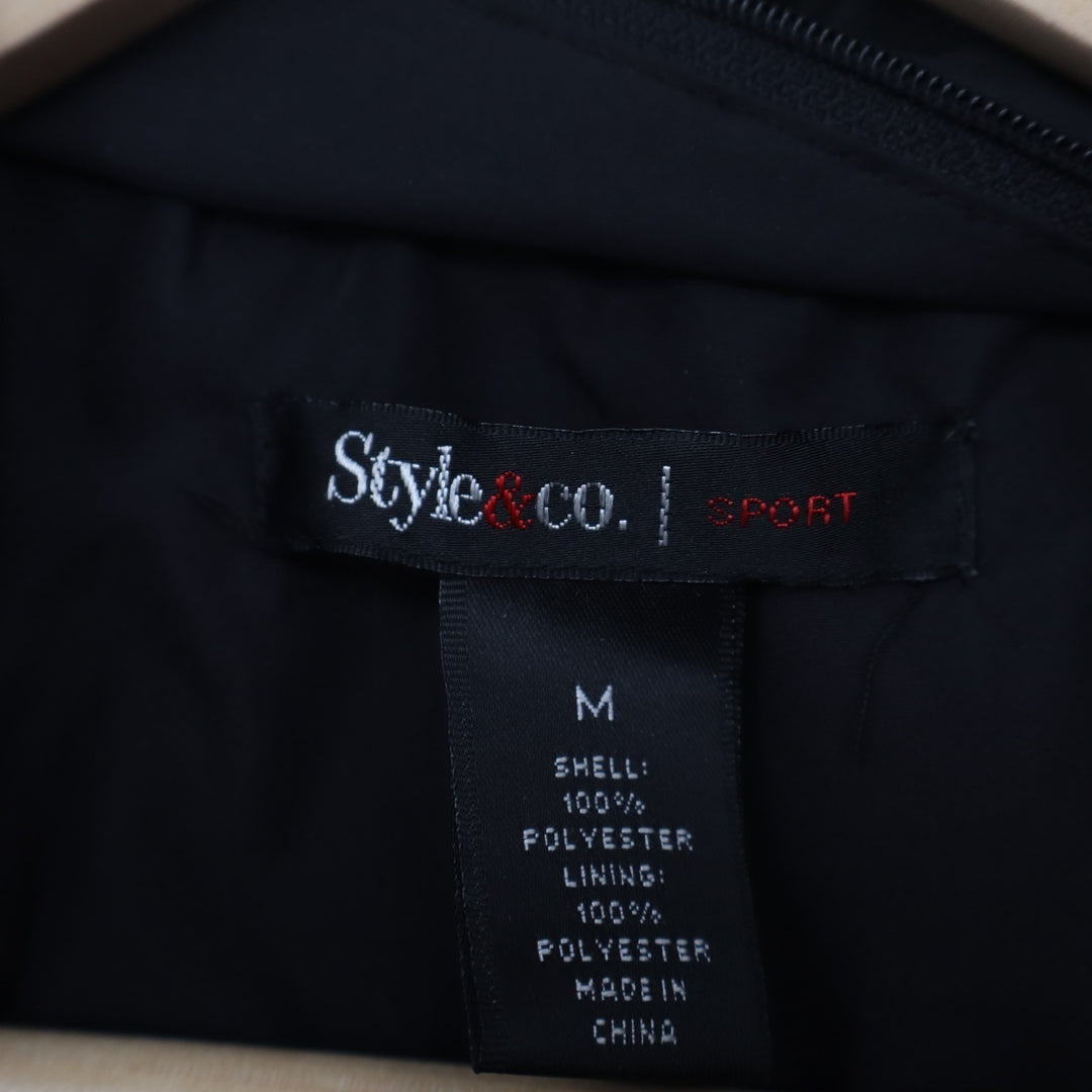 Style&Co Windbreaker Jacket Women Medium Black Full Zip Hooded Cinched Waistline