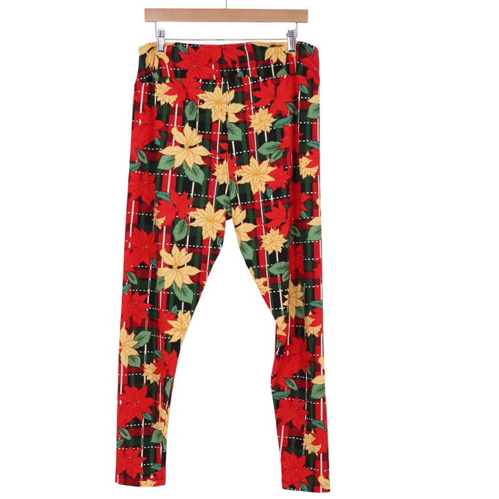 LuLaRoe Leggings Red Yellow Poinsettia Plaid Christmas Holiday Floral Soft