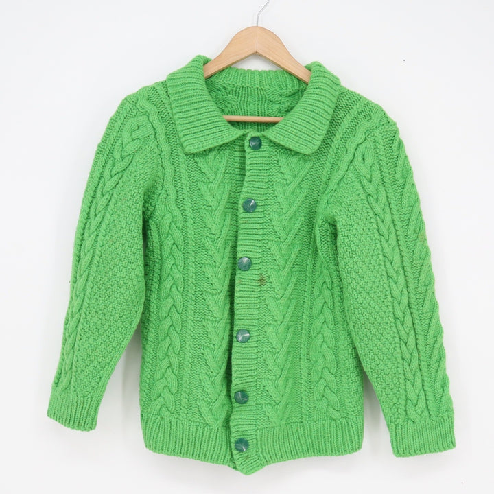 Vintage Handmade Green Cable Knit Cardigan Button Up Chunky Collared Sweater