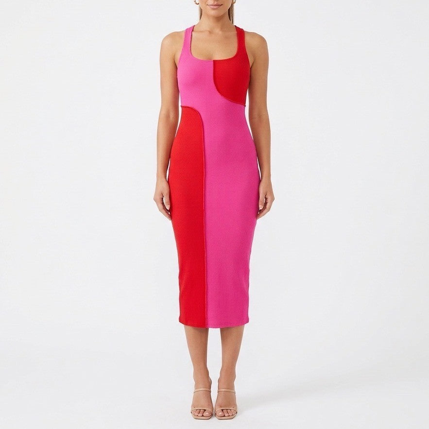 Naked Wardrobe Pink Red Colorblock Ribbed Racerback Midi Dress XS