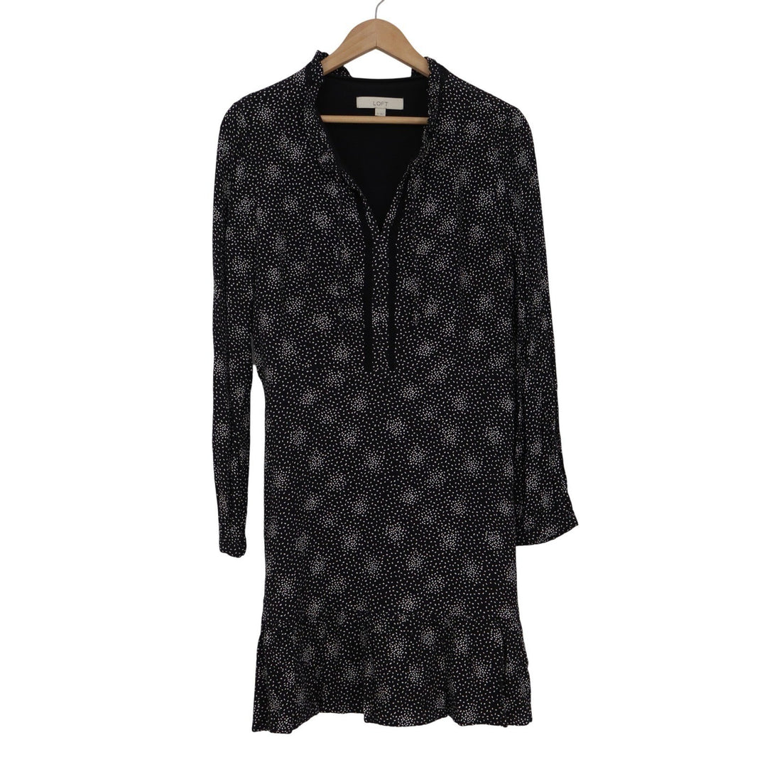LOFT Womens Black White Polka Dot Ruffle Hem Shift Dress Size 8 Long Sleeve