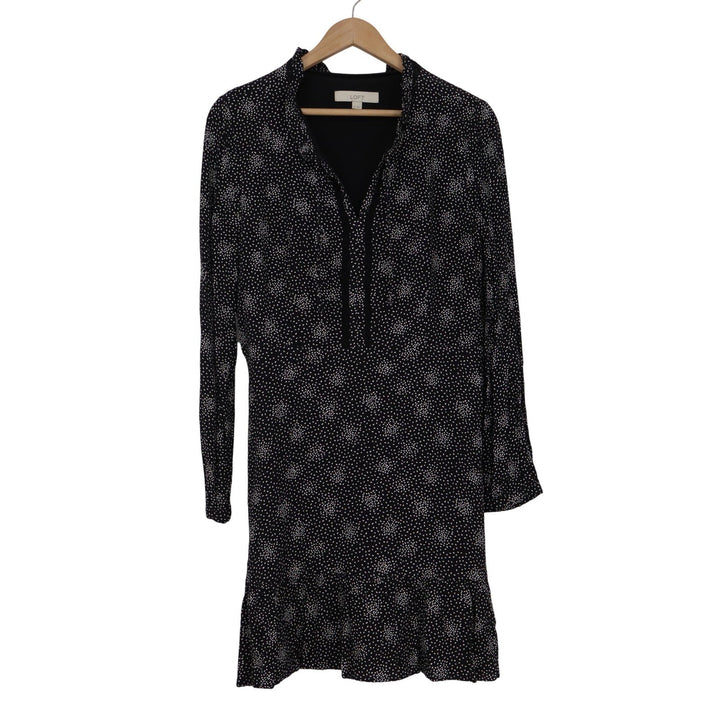 LOFT Womens Black White Polka Dot Ruffle Hem Shift Dress Size 8 Long Sleeve