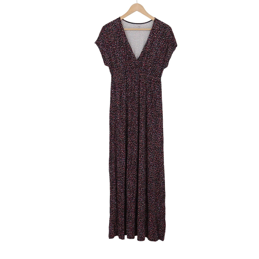 Esprit Womens Small Black Multi Confetti Print V-Neck Maxi Dress Short Sleeve