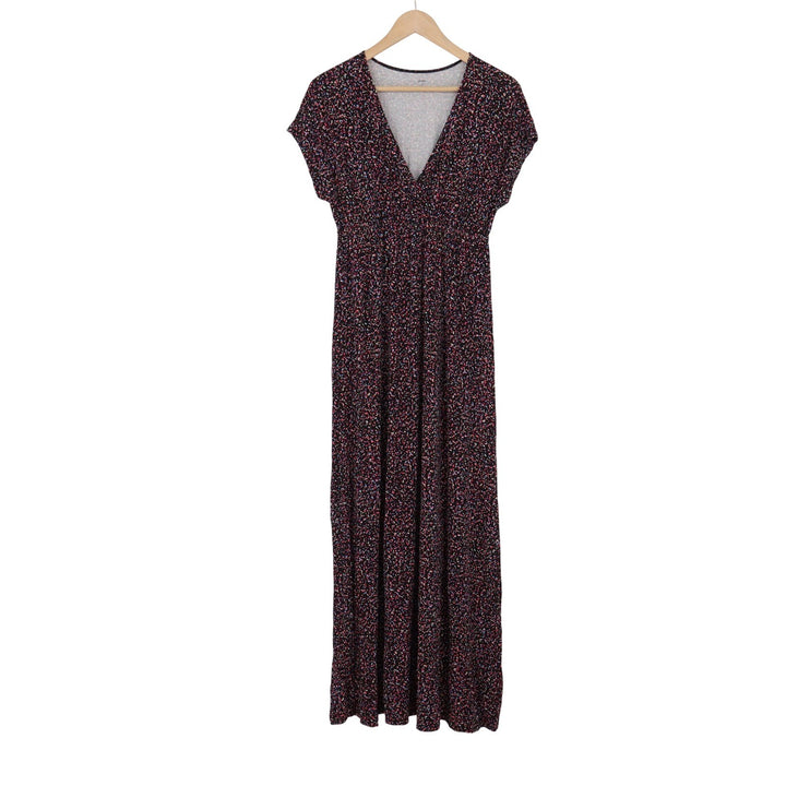 Esprit Womens Small Black Multi Confetti Print V-Neck Maxi Dress Short Sleeve