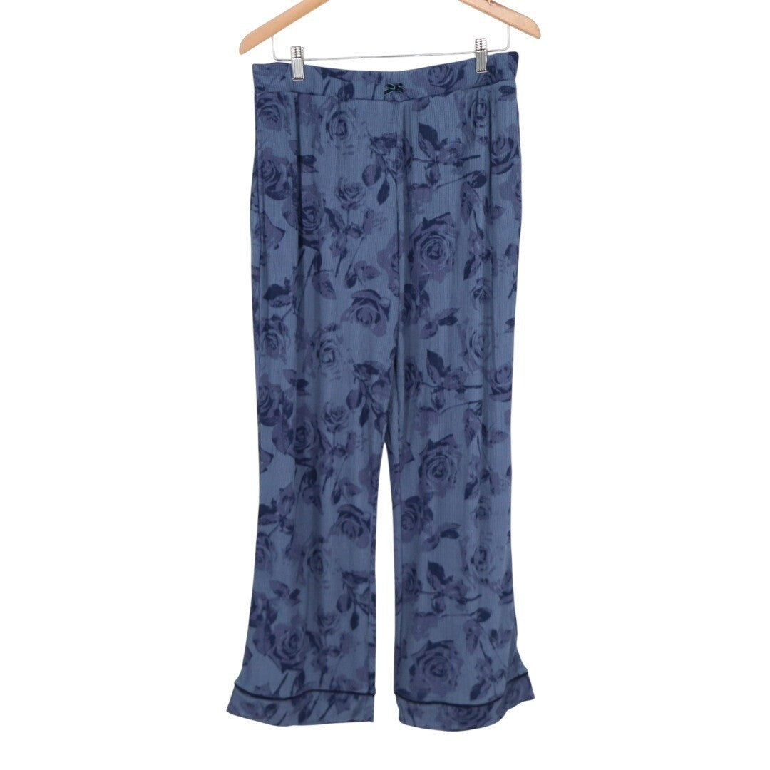 Roudelain 2-PC Pajamas Set Womens Large Blue Floral Stretch Ribbed Lapel Collar