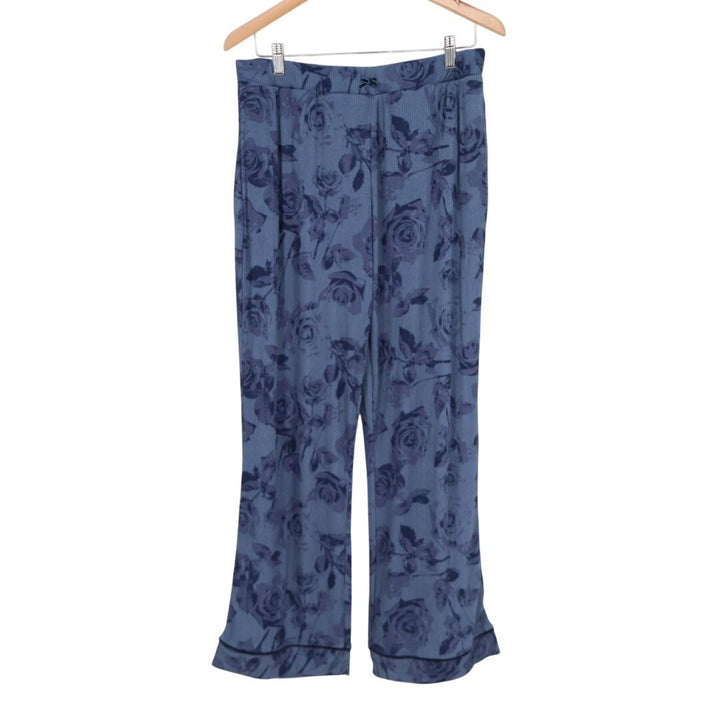 Roudelain 2-PC Pajamas Set Womens Large Blue Floral Stretch Ribbed Lapel Collar