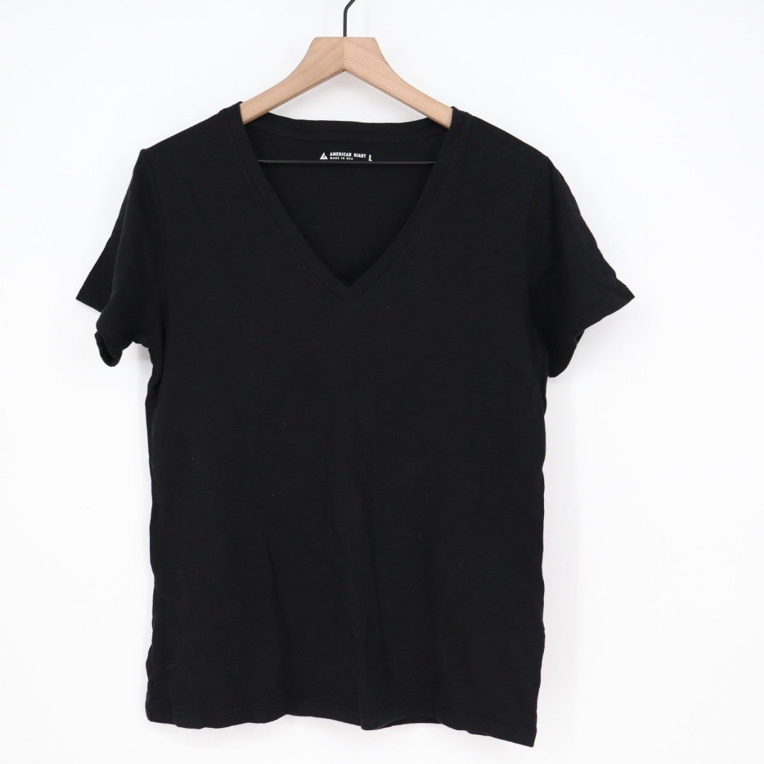 AMERICAN GIANT Womens Black V Neck T Shirt Size L Made in USA Cotton Basic Tee