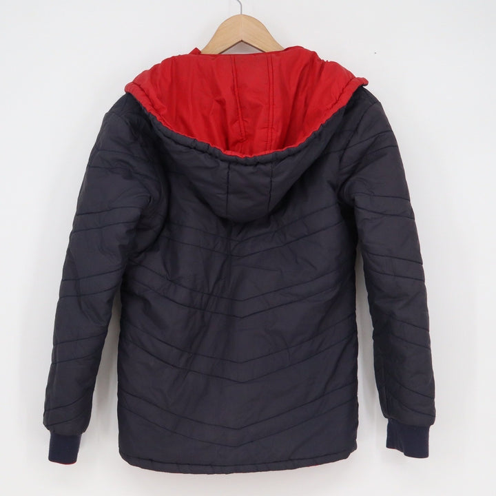 Navy Blue Red Quilted Puffer Jacket Hooded Full Zip Chevron Stitch Mens Small