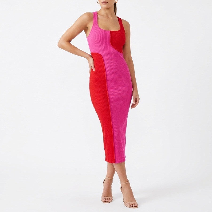 Naked Wardrobe Pink Red Ribbed Colorblock Racerback Midi Dress NW-D2400 Mens S