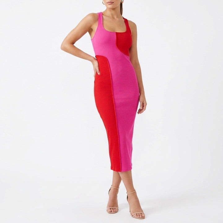 Naked Wardrobe Pink Red Ribbed Colorblock Racerback Midi Dress NW-D2400 Mens S