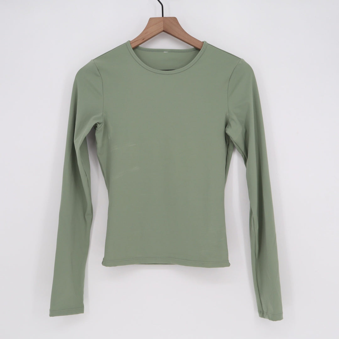 Unbranded Sage Green Long Sleeve Athletic Compression Top Crew Neck Slim Fit