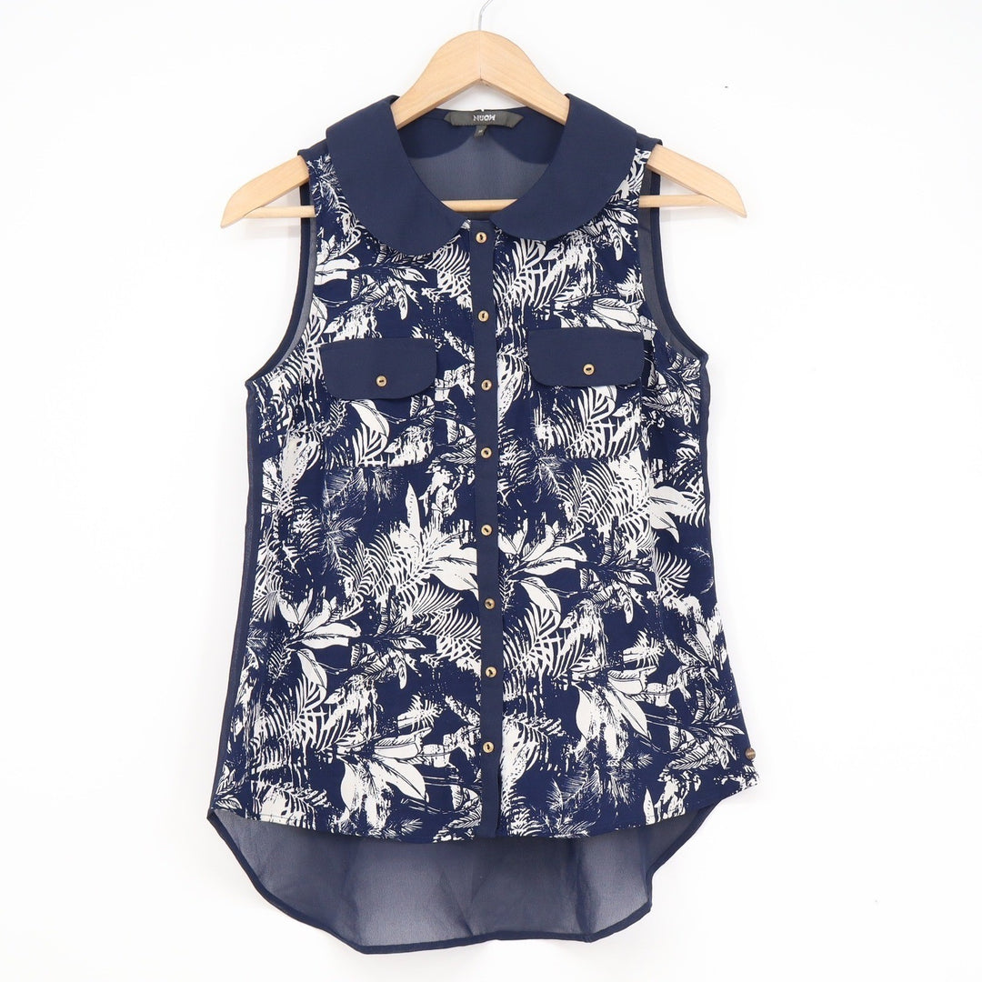 Nuon Womens Navy Tropical Leaf Print Sleeveless Peter Pan Collar Blouse Size M