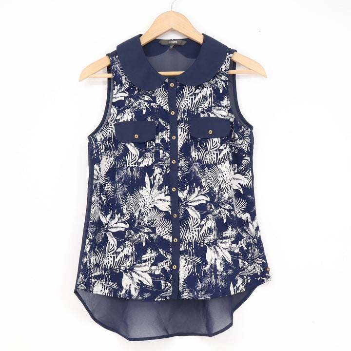 Nuon Womens Navy Tropical Leaf Print Sleeveless Peter Pan Collar Blouse Size M
