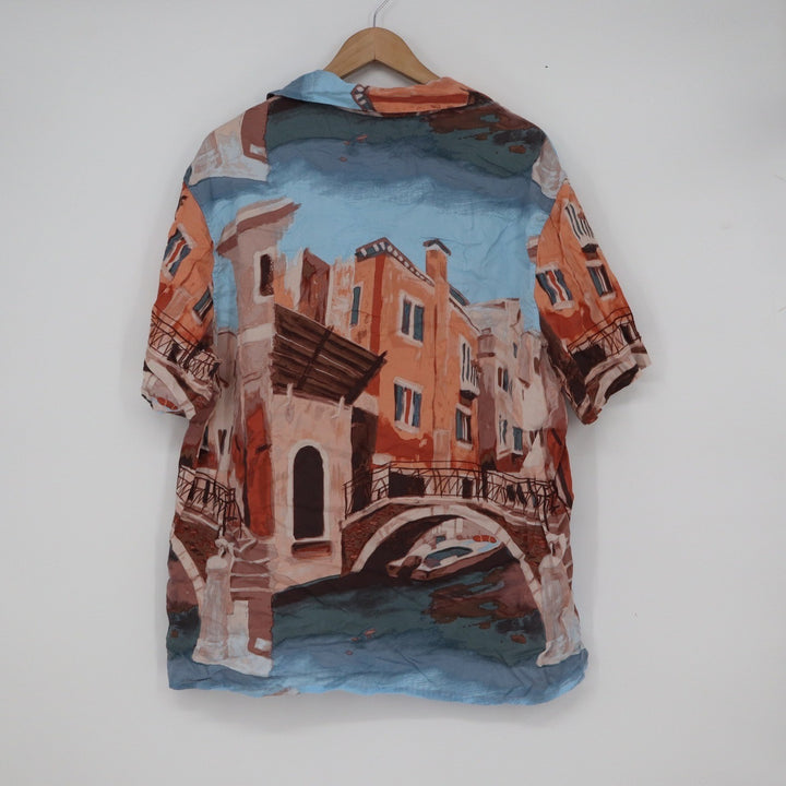 H&M Mens Scenic Canal Print Lyocell Short Sleeve Button Up Shirt Blue Orange M