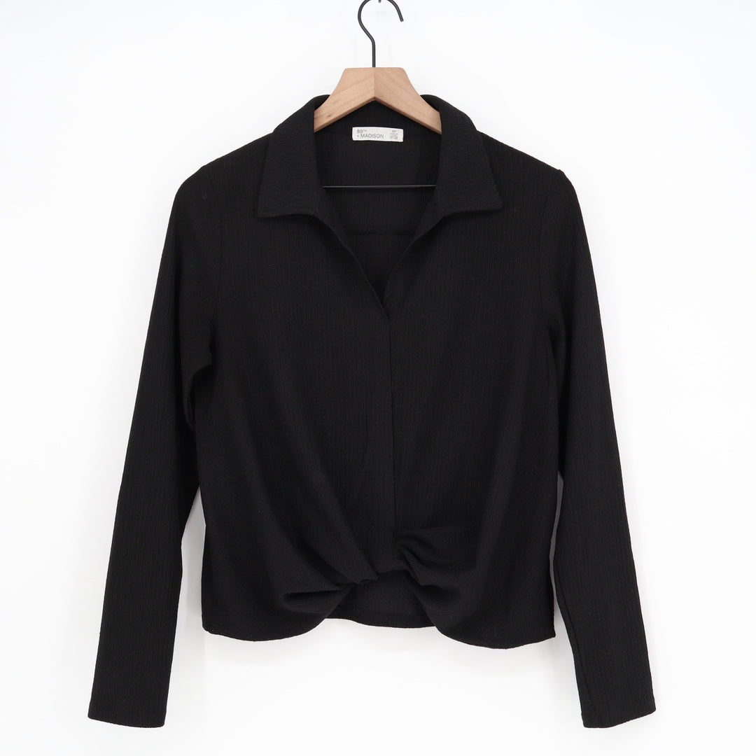 89th + Madison Black Twist Front Collared Long Sleeve Top Small