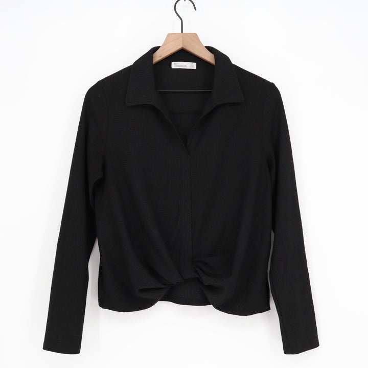 89th + Madison Black Twist Front Collared Long Sleeve Top Small