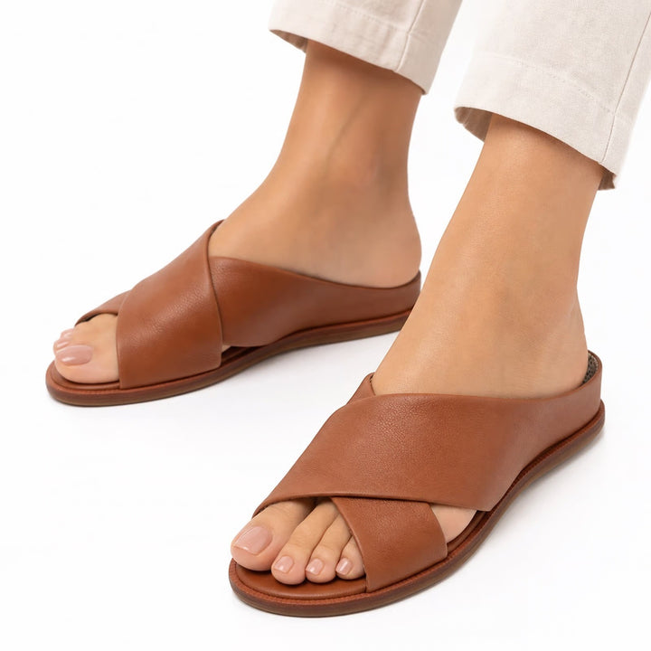 ED Ellen DeGeneres Womens Tan Leather Crisscross Slide Wedge Sandals Size 10