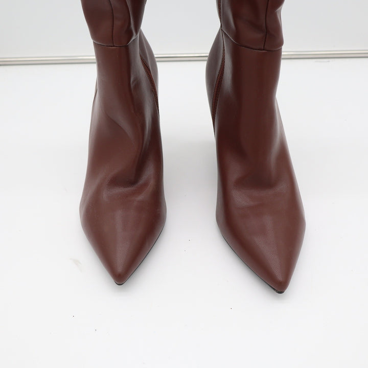 Brown Faux Leather Pointed Toe Stiletto Knee High Boots Size 8.5