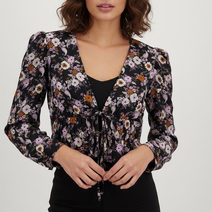 WAYF Sammie Floral Print Tie Front Blouse Long Sleeve Black Paisley Top M
