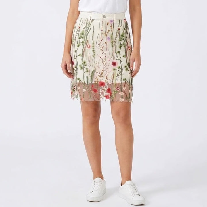 Blue Desire White Floral Embroidered Mesh Overlay Denim Mini Skirt Size 12