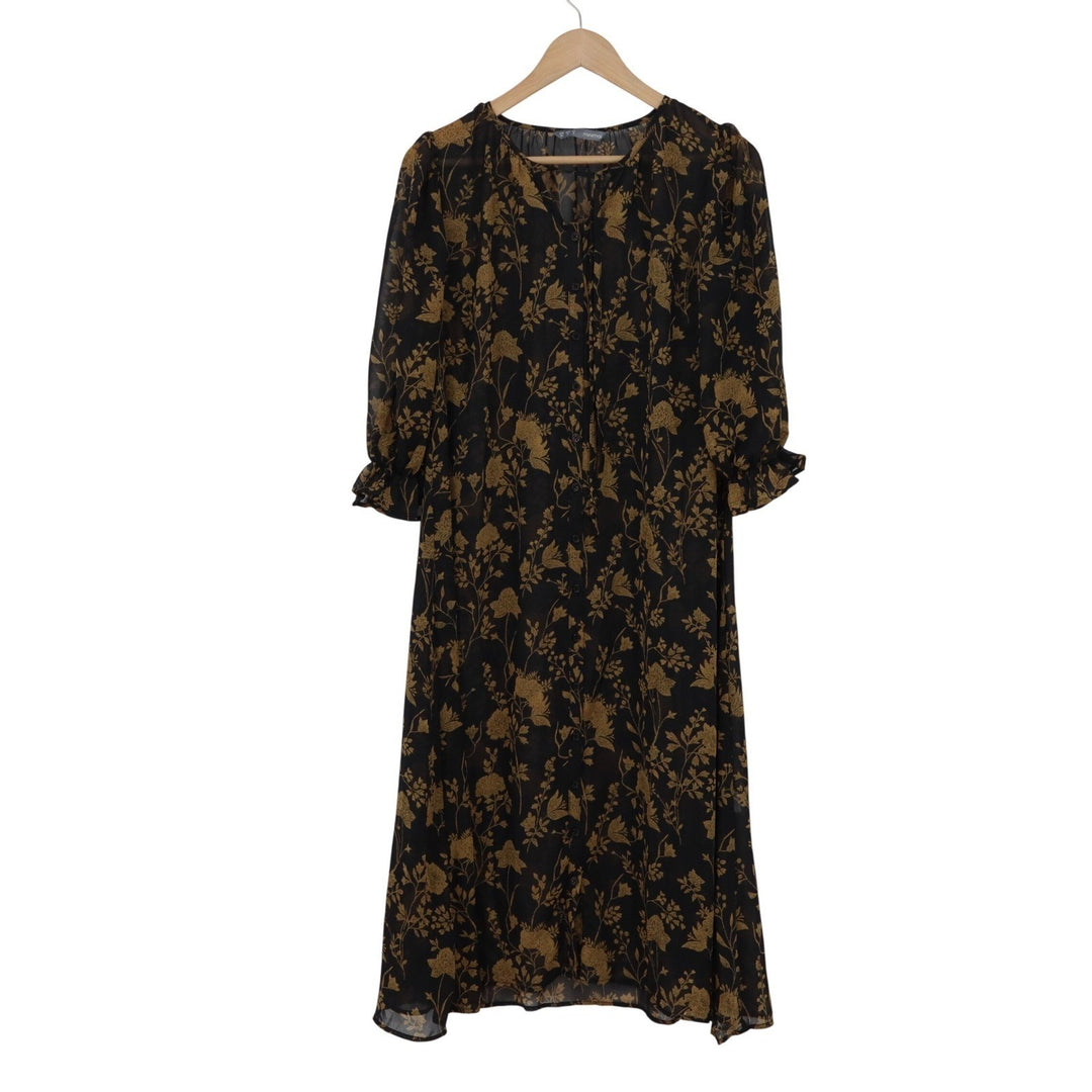 Minimal Thien Dress Black Gold Floral Midi Ruffle Sleeve Split Neck Size 4